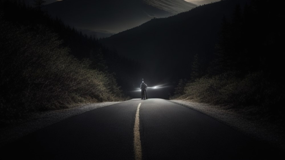 暗闇の中、山道を歩く